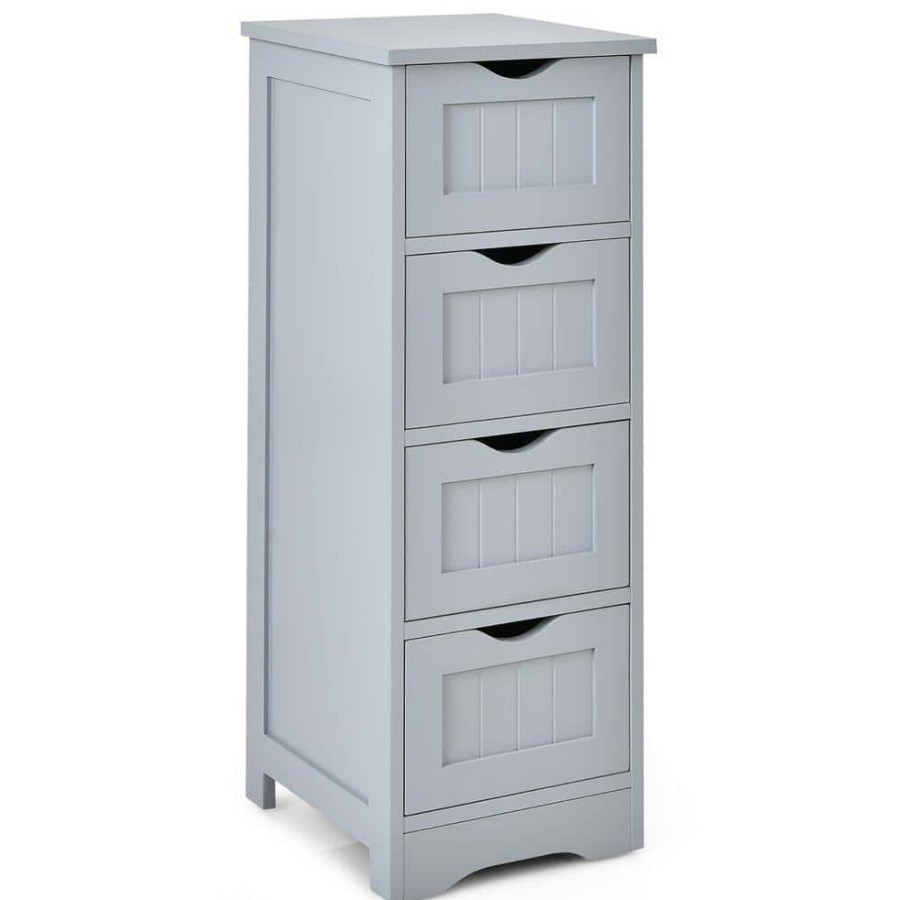 Linen Cabinets * | Costway 12 In. W X 12 In. D X 32.5 In. H Gray Mdf Floor Storage Linen Cabinet Bathroom Organizer Free Standing Drawers