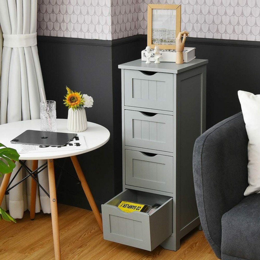 Linen Cabinets * | Costway 12 In. W X 12 In. D X 32.5 In. H Gray Mdf Floor Storage Linen Cabinet Bathroom Organizer Free Standing Drawers