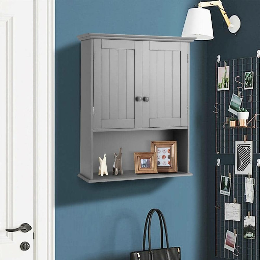 Bathroom Wall Cabinets * | Costway 20.5 In. W X 7 In. D X 28 In. H Grey Wood Bathroom Storage Wall Cabinet