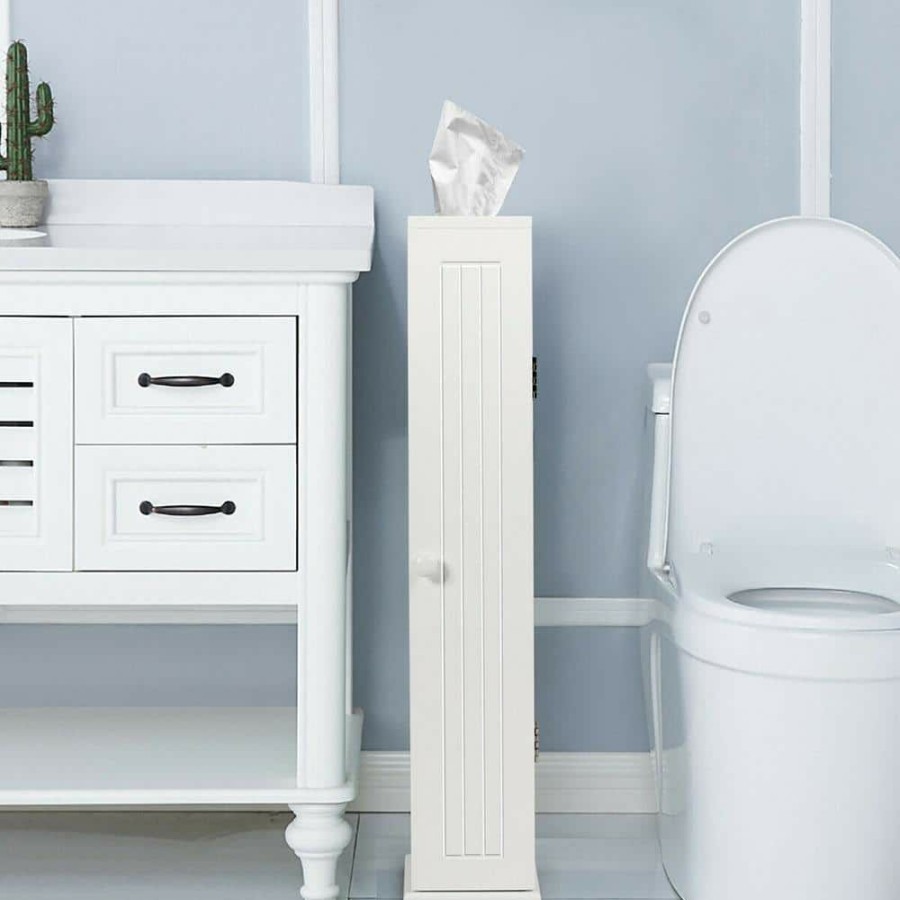 Linen Cabinets * | Gymax 6.5 In. W Bathroom Storage Floor Linen Cabinet With 4-Shelves In White