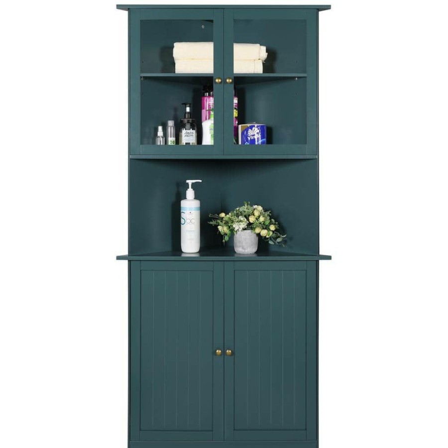 Linen Cabinets * | Veikous 18 In. W X 35 In. D X 71 In. H Blue Corner Linen Cabinet Storage With Adjustable Shelves And Glass Doors In Blue