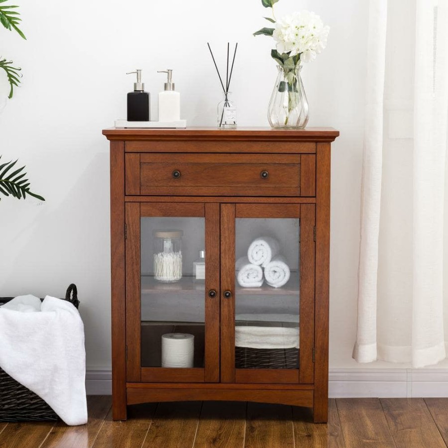 Linen Cabinets * | Glitzhome 25.6 In. W X 12.6 In. D X 32 In. H Shelved Floor Cabinet With Double Doors In Brown