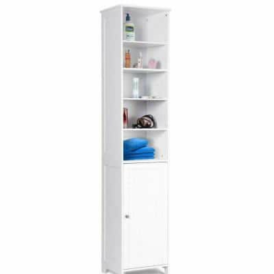 Linen Cabinets * | Costway 13.5 In. W Bathroom Tall Floor Storage Cabinet Free Standing Shelving Space Saver White