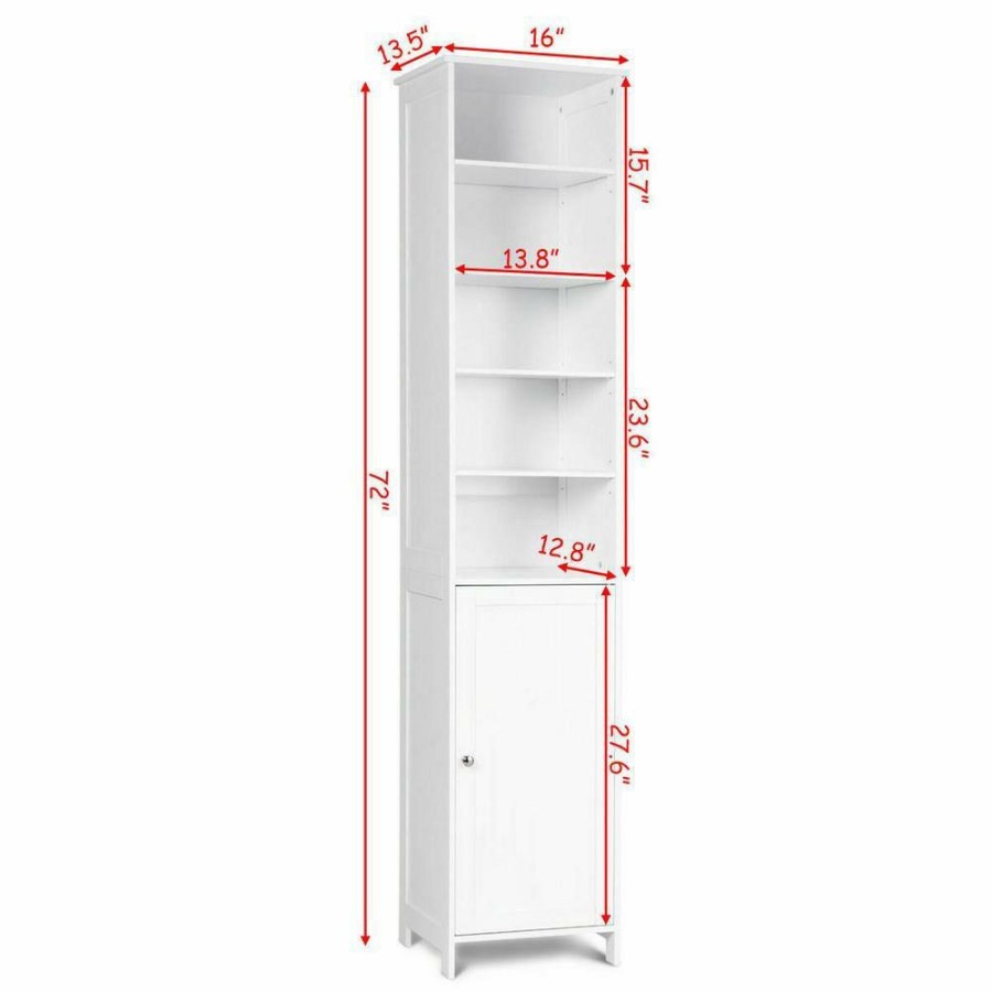 Linen Cabinets * | Costway 13.5 In. W Bathroom Tall Floor Storage Cabinet Free Standing Shelving Space Saver White