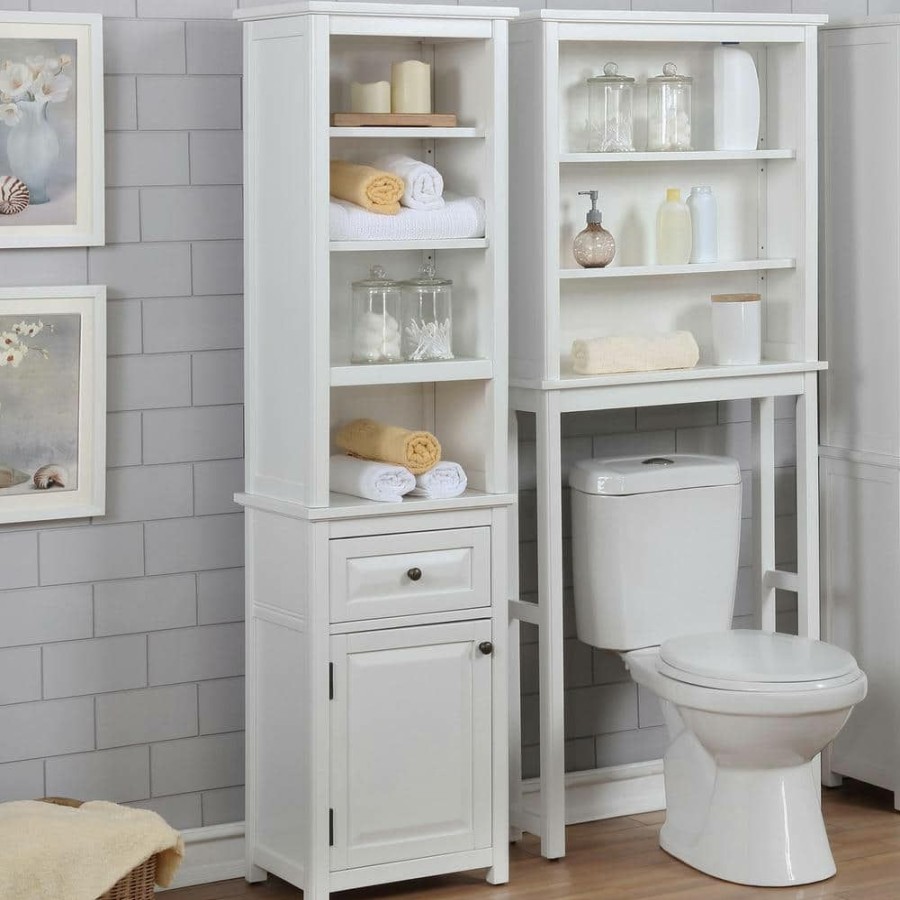 Linen Cabinets * | Alaterre Furniture Dorset Bathroom 17 In. W Freestanding Storage Tower With Open Upper Shelves, Lower Cabinet And Drawer In White