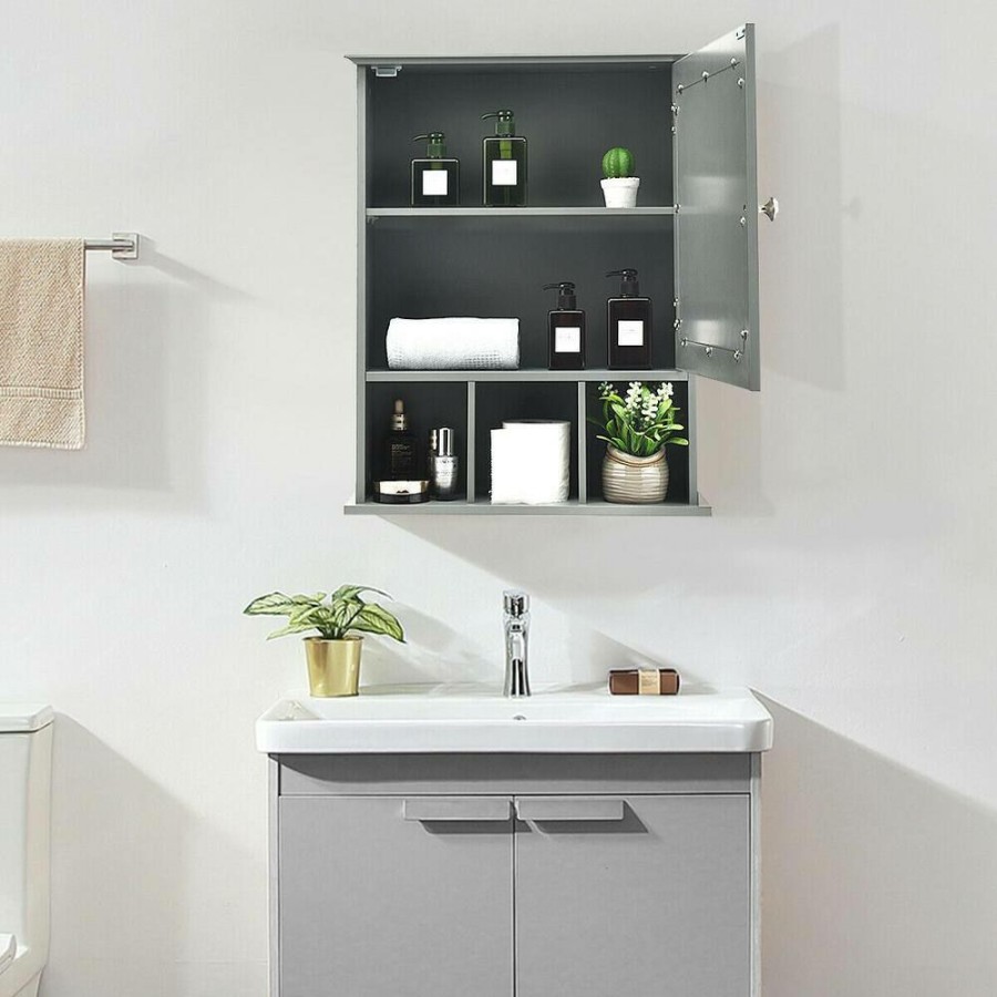 Bathroom Wall Cabinets * | Wellfor 20 In. W X 24 In. H X 6 In. D Bathroom Storage Wall Cabinet With 1 Glass Doors And Adjustable Shelf In Gray