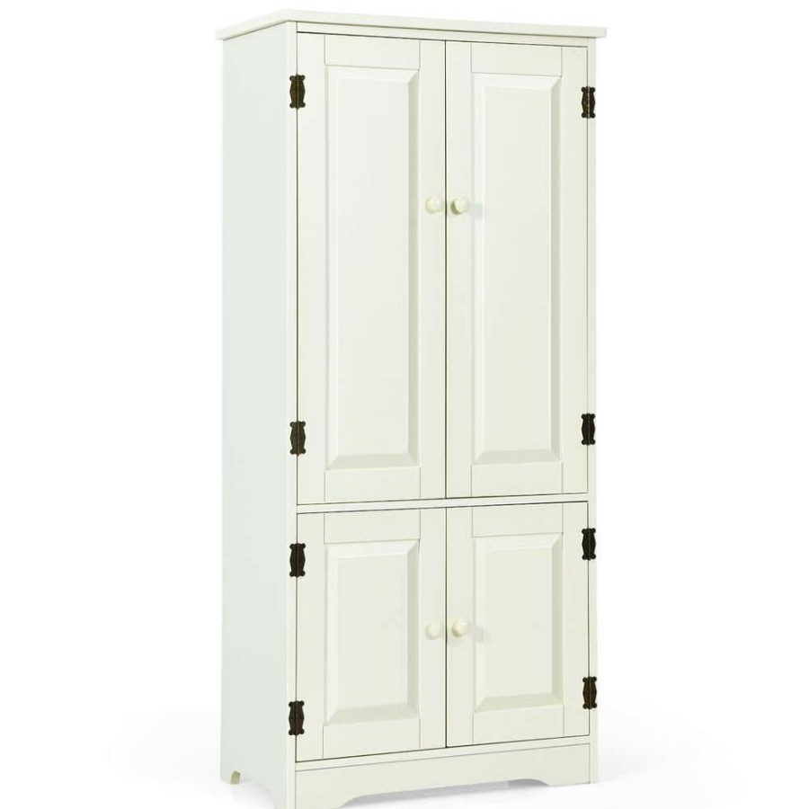 Linen Cabinets * | Costway 24 In. W X 13 In. D X 48.5 In. H Wood Freestanding Linen Cabinet With Adjustable Shelves Antique 2-Door In White