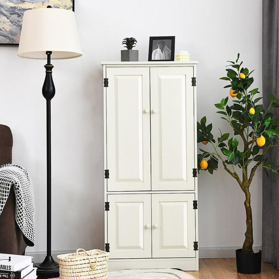 Linen Cabinets * | Costway 24 In. W X 13 In. D X 48.5 In. H Wood Freestanding Linen Cabinet With Adjustable Shelves Antique 2-Door In White