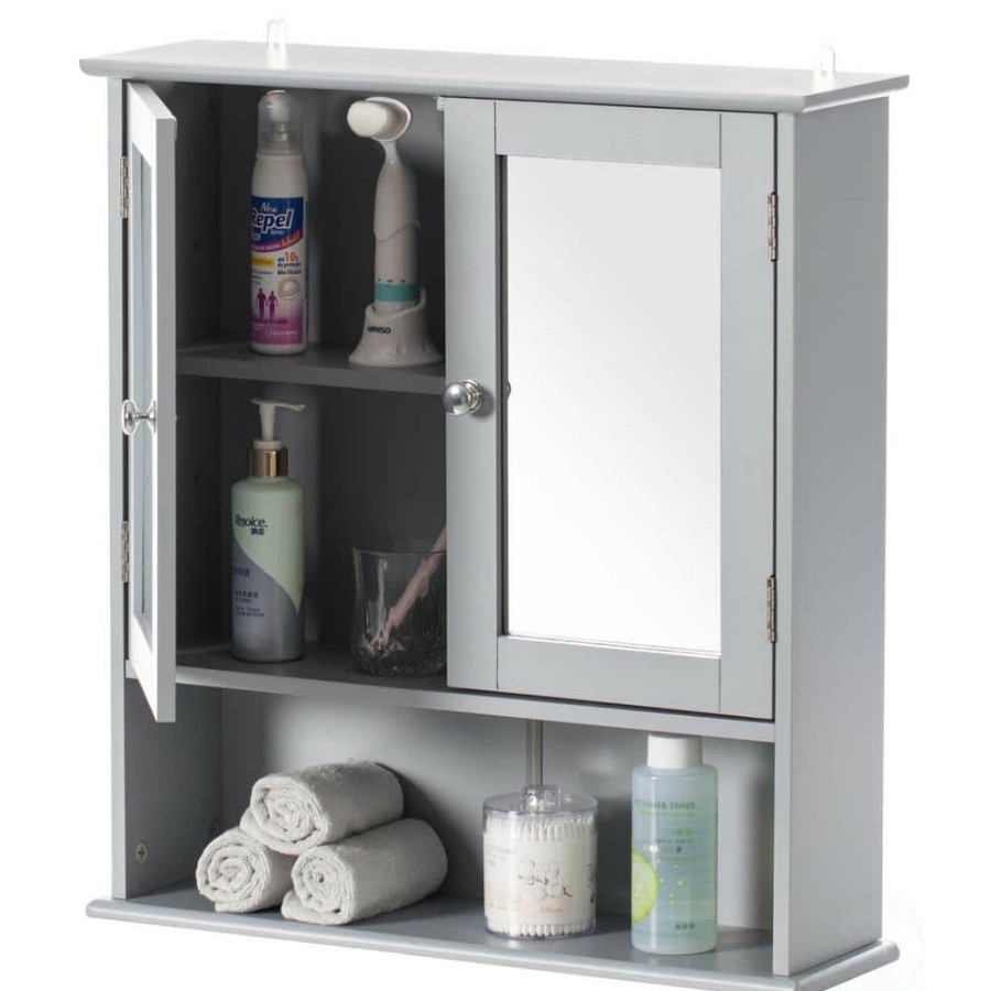 Bathroom Wall Cabinets * | Basicwise Gray Mirror Wall Mounted Cabinet For The Bathroom And Vanity With Adjustable Shelves 20 In. Wide