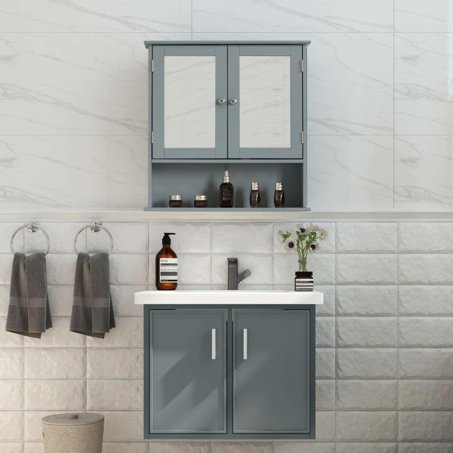 Bathroom Wall Cabinets * | Basicwise Gray Mirror Wall Mounted Cabinet For The Bathroom And Vanity With Adjustable Shelves 20 In. Wide