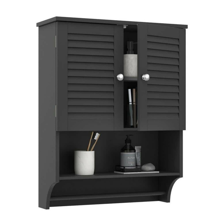 Bathroom Wall Cabinets * | Dracelo 23.6 In. W X 8.9 In. D X 29.3 In. H Black Bathroom Over The Toilet Wall Cabinet With Adjustable Shelves And Towels Bar