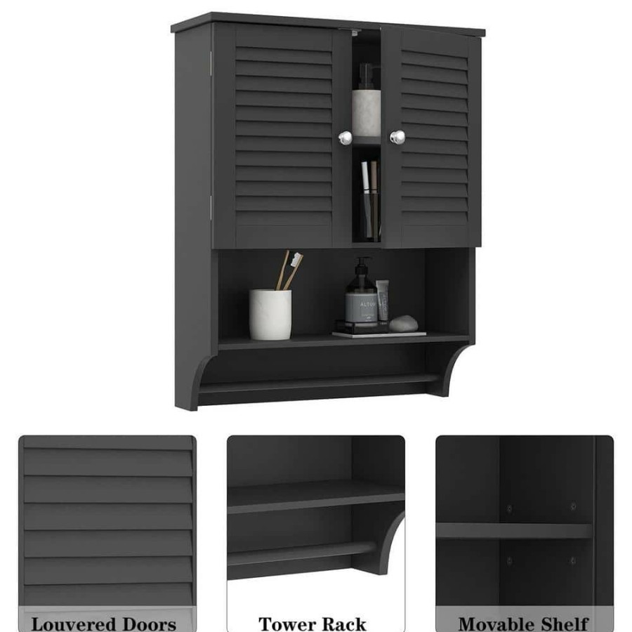 Bathroom Wall Cabinets * | Dracelo 23.6 In. W X 8.9 In. D X 29.3 In. H Black Bathroom Over The Toilet Wall Cabinet With Adjustable Shelves And Towels Bar