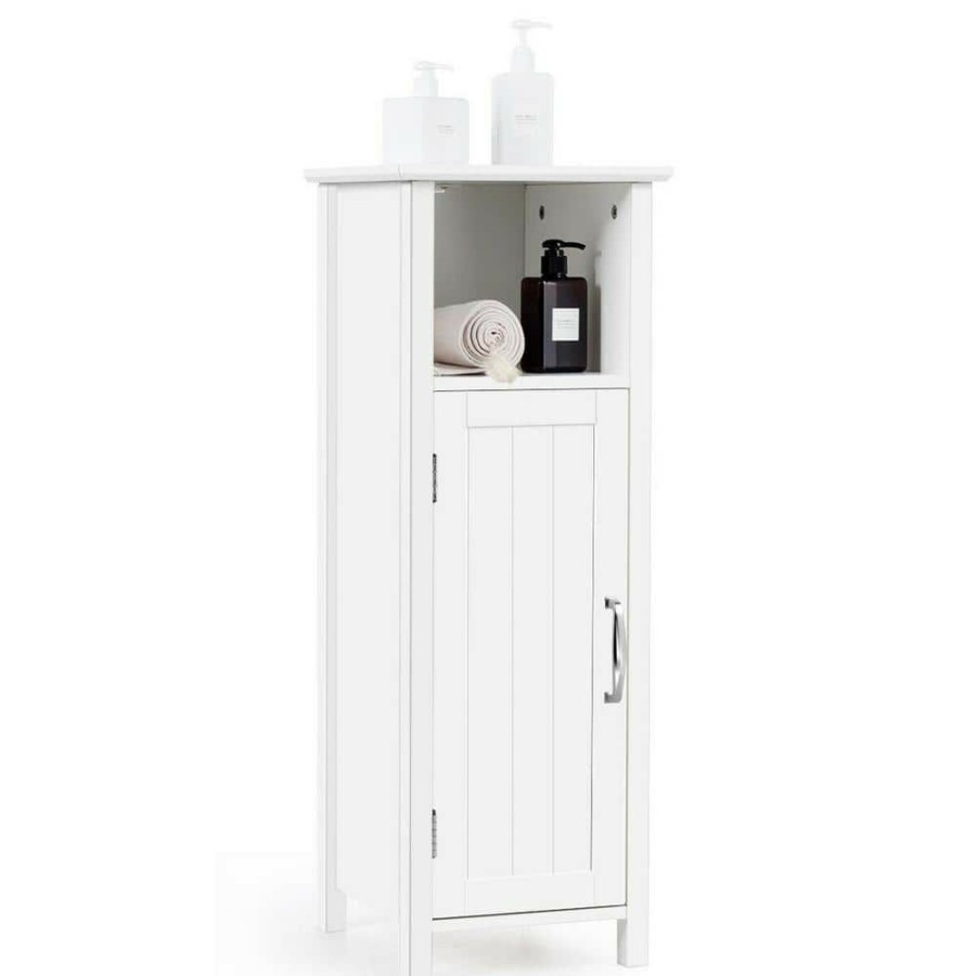 Linen Cabinets * | Gymax Bathroom 12 In. W Floor Storage Linen Cabinet Free Standing W/Single Door Adjustable Shelf White