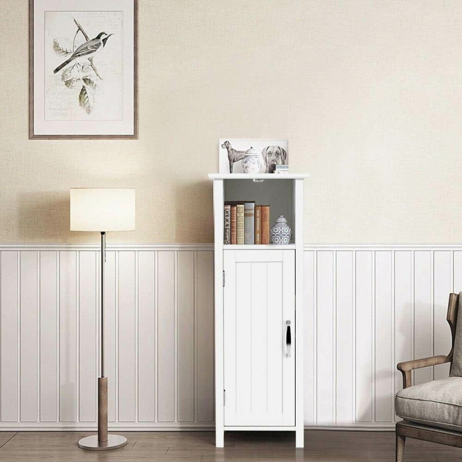 Linen Cabinets * | Gymax Bathroom 12 In. W Floor Storage Linen Cabinet Free Standing W/Single Door Adjustable Shelf White