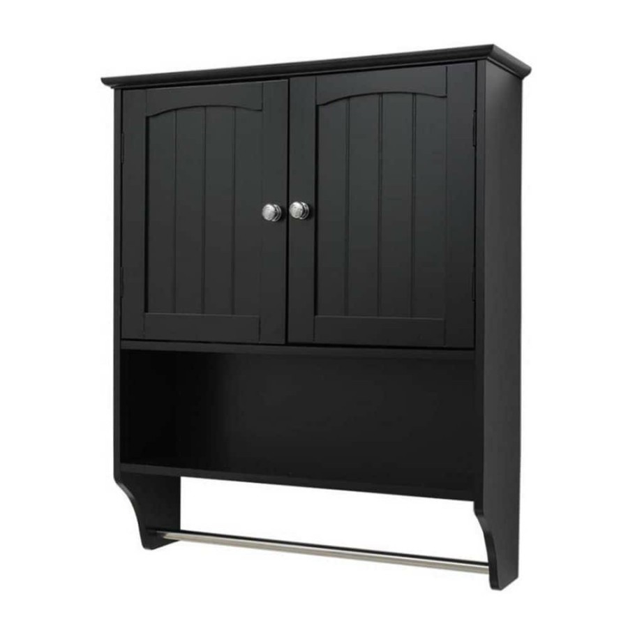 Bathroom Wall Cabinets * | Dracelo 23.6 In. W X 7.9 In. D X 27.6 In. H Black Wood Wall Mounted Bathroom Storage Wall Cabinet With Shelves And Towels Bar