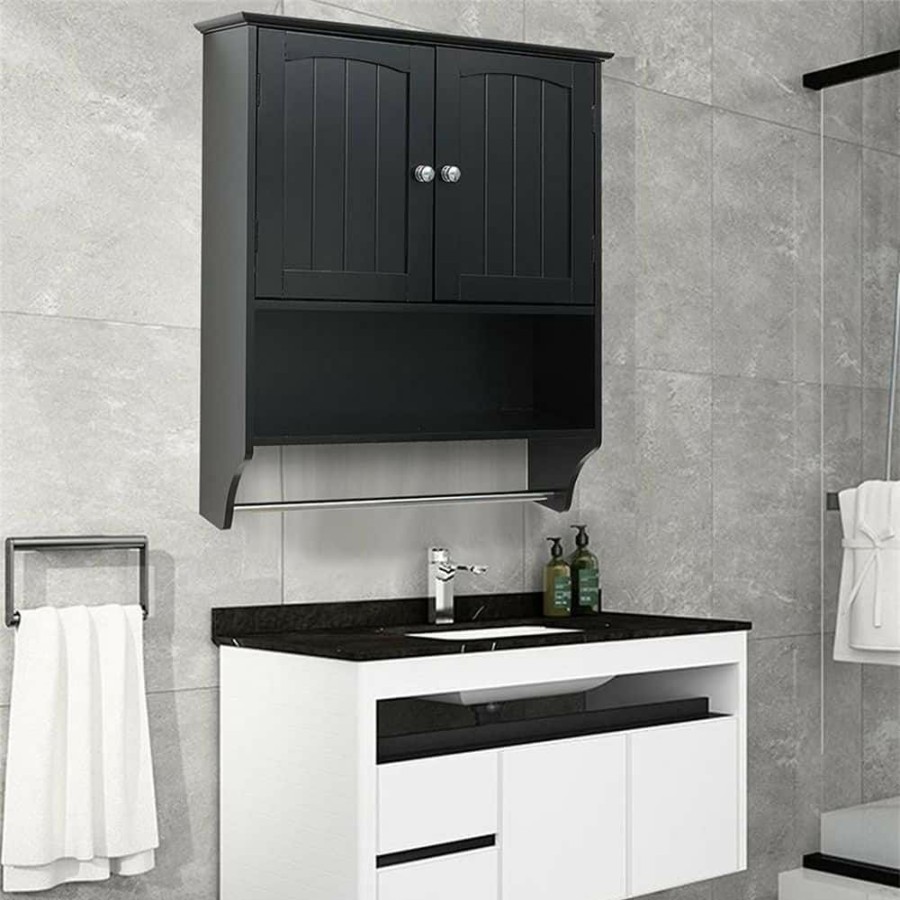 Bathroom Wall Cabinets * | Dracelo 23.6 In. W X 7.9 In. D X 27.6 In. H Black Wood Wall Mounted Bathroom Storage Wall Cabinet With Shelves And Towels Bar