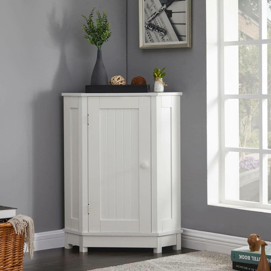 Linen Cabinets * | Tunuo 24.72 In. W X 17.5 In. D X 31 In. H White Freestanding Corner Bathroom Linen Cabinet With Shelf