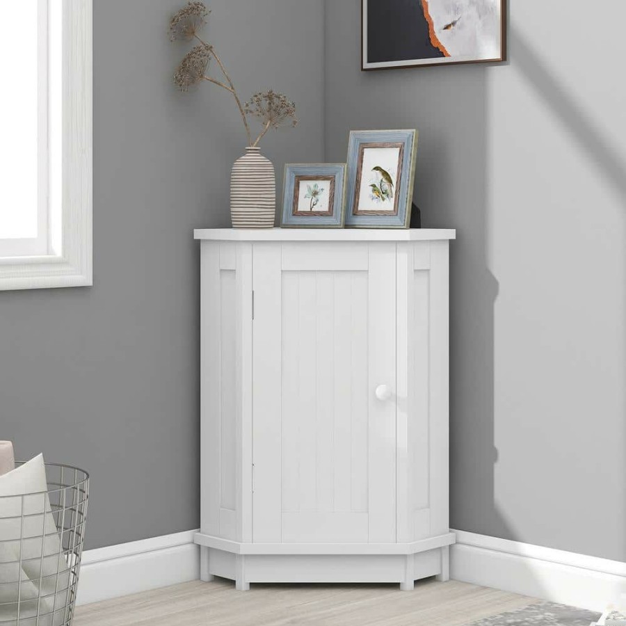 Linen Cabinets * | Tunuo 24.72 In. W X 17.5 In. D X 31 In. H White Freestanding Corner Bathroom Linen Cabinet With Shelf