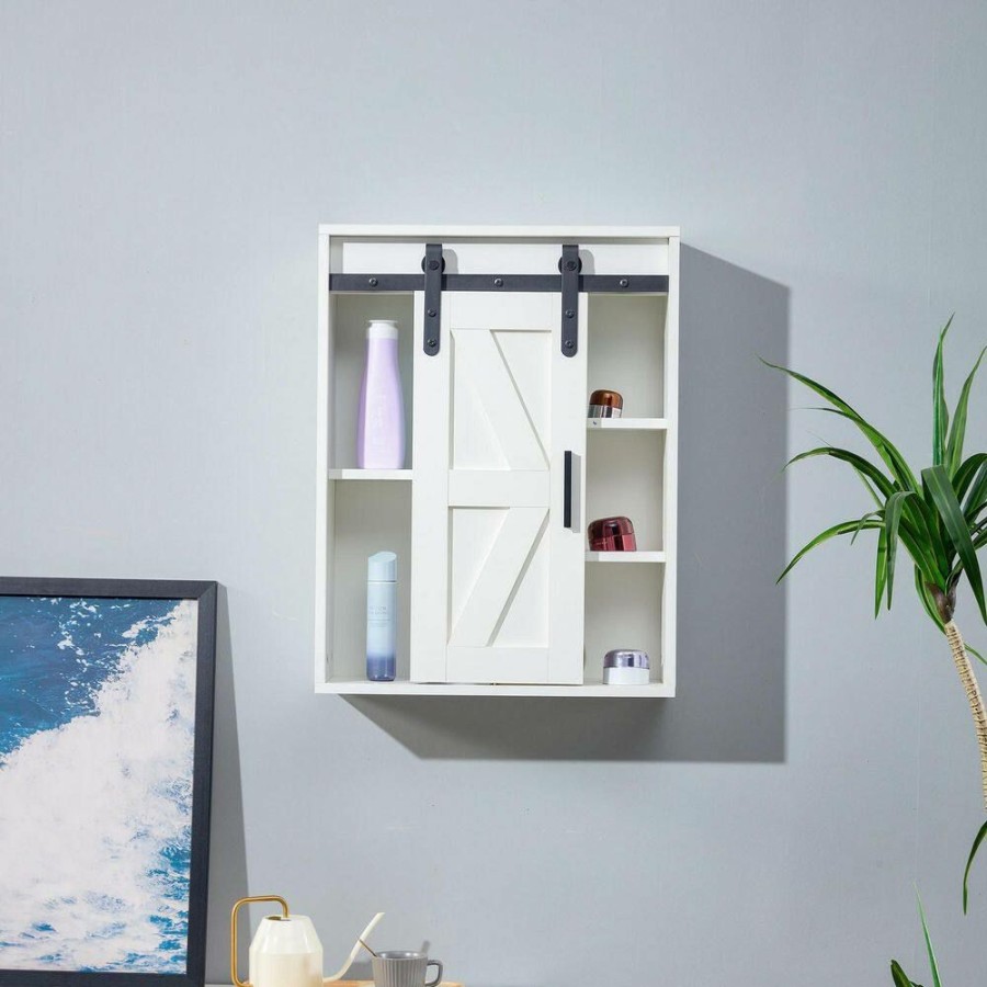 Bathroom Wall Cabinets * | Unbranded 21.7 In. W X 7.9 In. D X 27.6 In. H White Bathroom Storage Wall Cabinet With Sliding Door