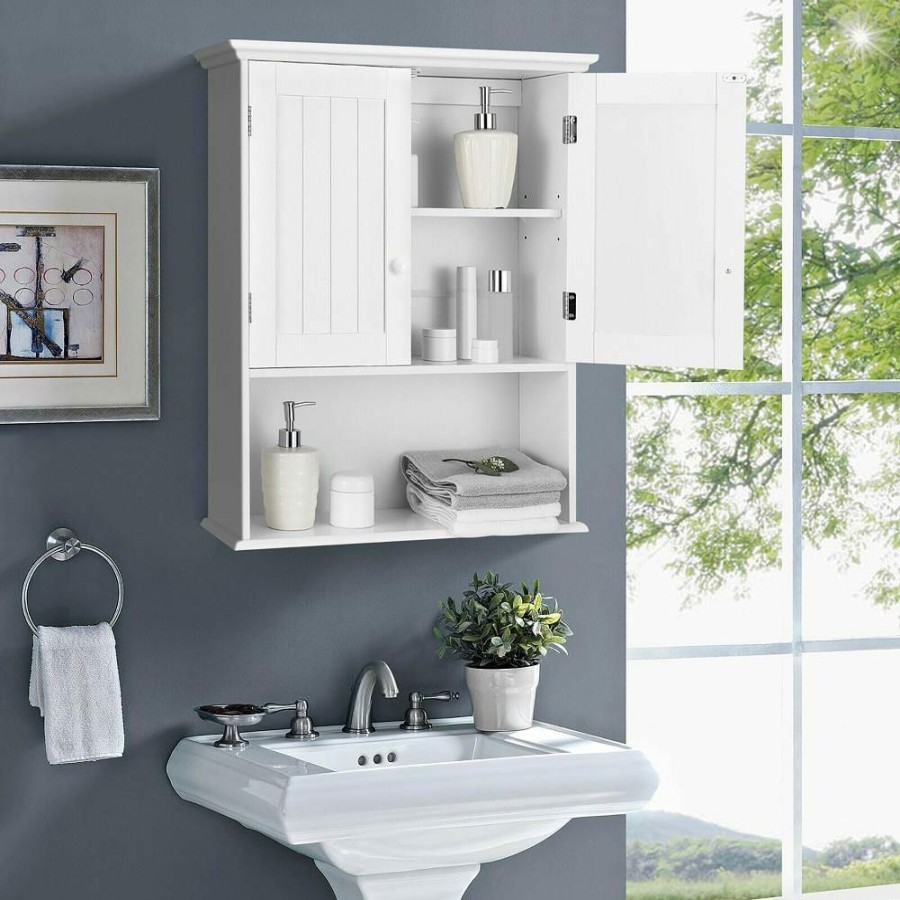 Bathroom Wall Cabinets * | Costway 7.9 In.W Wall Mount Bathroom Cabinet Storage Organizer In White