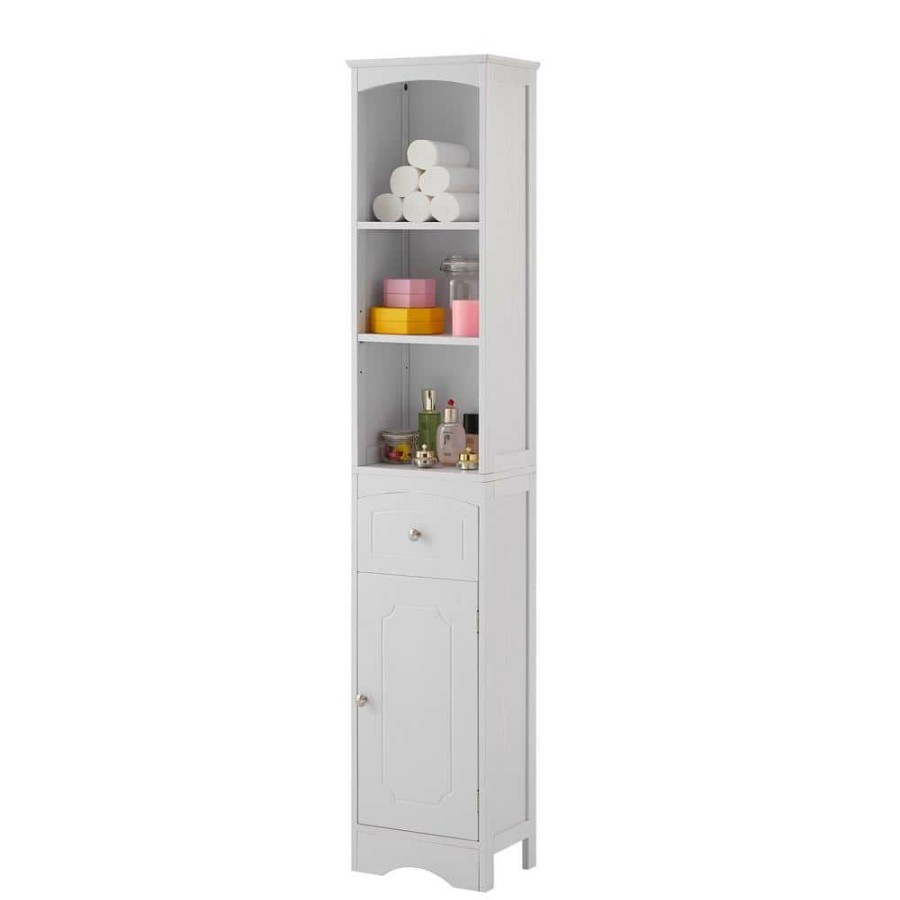 Linen Cabinets * | Virubi Tall 13.4 In. W X 9.1 In. D X 66.9 In. H White Bathroom Linen Cabinet With Adjustable Shelf