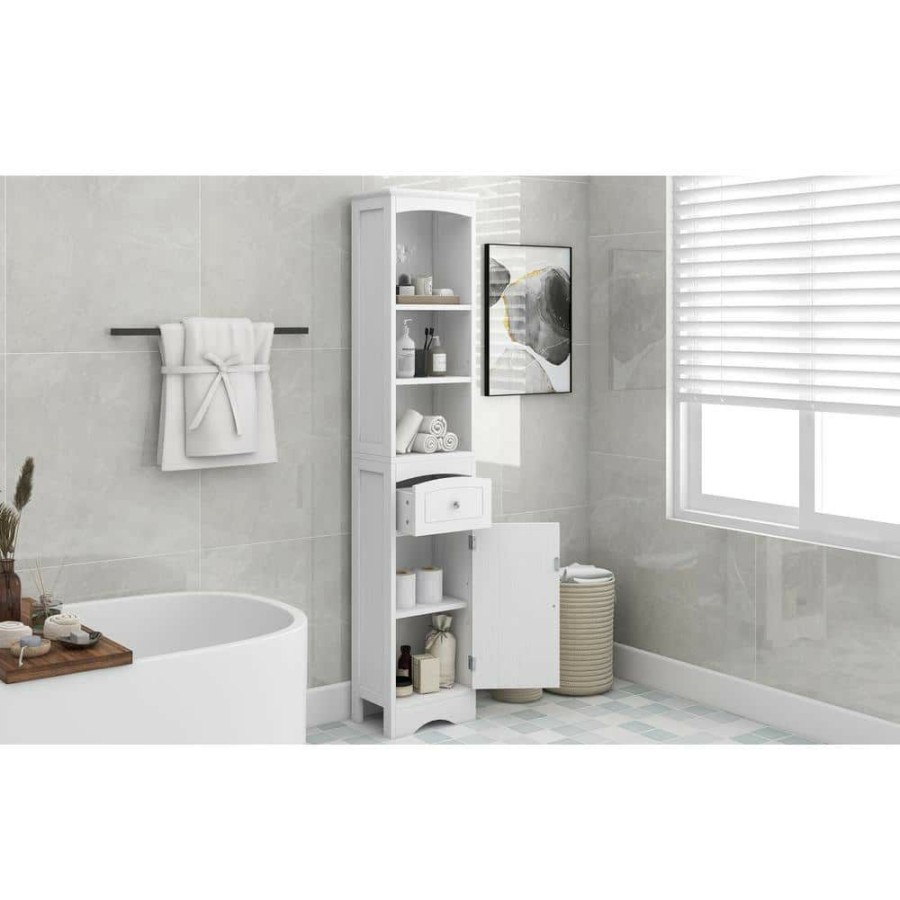 Linen Cabinets * | Virubi Tall 13.4 In. W X 9.1 In. D X 66.9 In. H White Bathroom Linen Cabinet With Adjustable Shelf