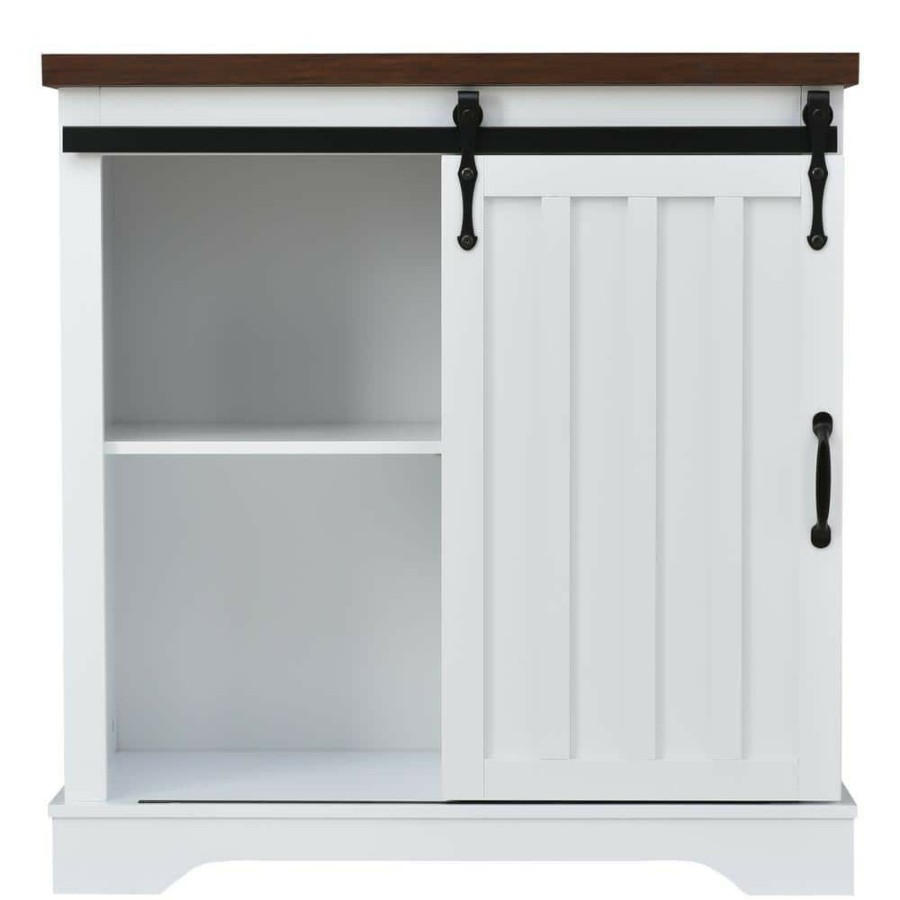 Linen Cabinets * | Virubi Modern 31.5 In. W X 15.7 In. D X 31.9 In. H White Linen Cabinet With Sliding Barn Door, Thick Top And Adjustable Shelf