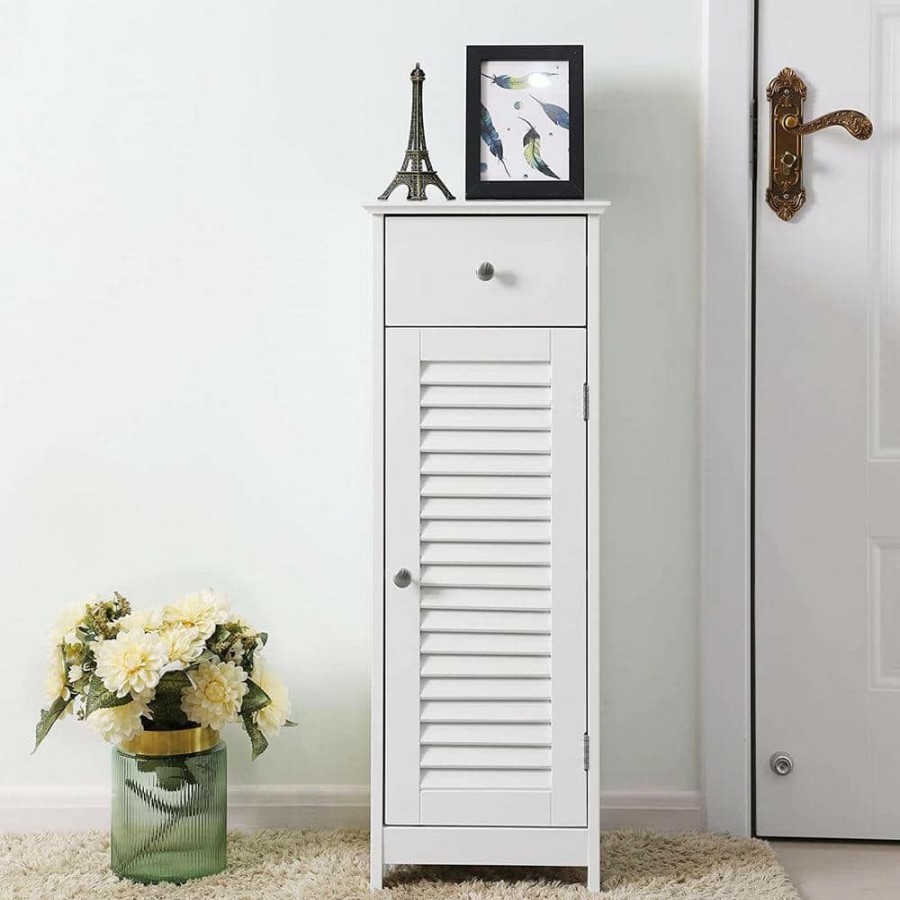 Linen Cabinets * | Epowp 12.6 In. W X 11.8 In. D X 34.25 In. H White Linen Cabinet With Drawer And Single Shutter Door