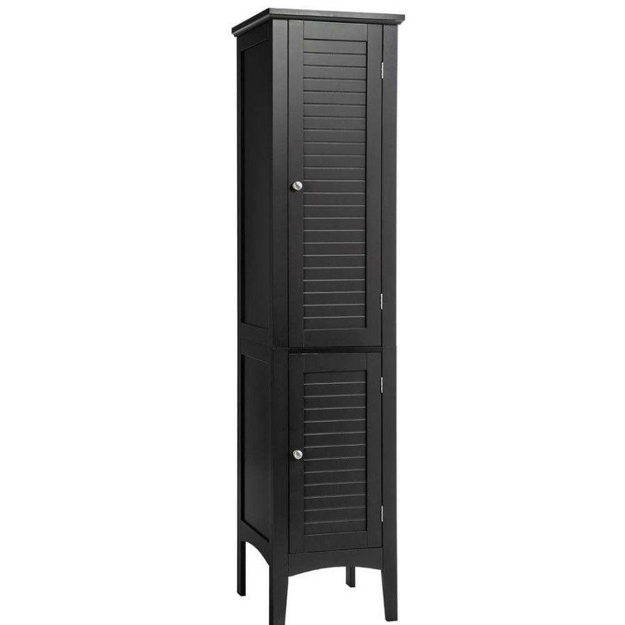 Linen Cabinets * | Costway 14.5 In. W X 14.5 In. D X 63 In. H Black Wood Freestanding Linen Cabinet Bathroom Storage Cabinet