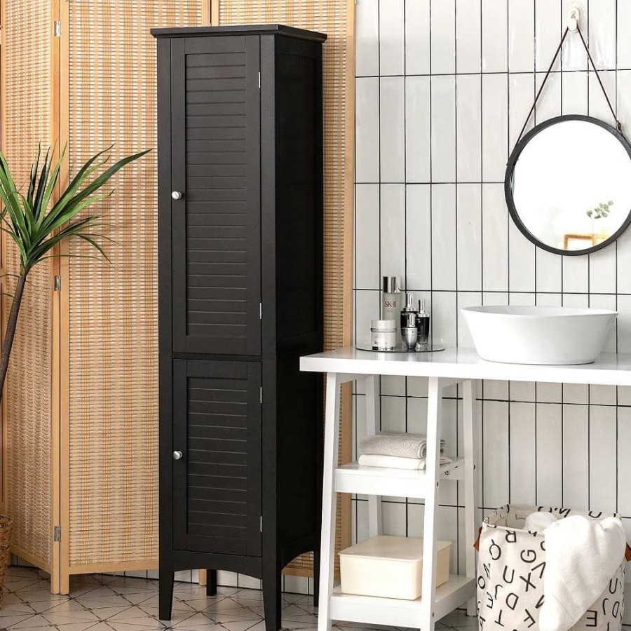 Linen Cabinets * | Costway 14.5 In. W X 14.5 In. D X 63 In. H Black Wood Freestanding Linen Cabinet Bathroom Storage Cabinet