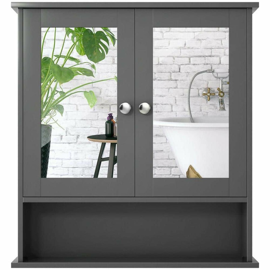 Bathroom Wall Cabinets * | Costway 22 In. W X 5 In. D X 23 In. H Grey Wood Wall Mount Mirror Cabinet