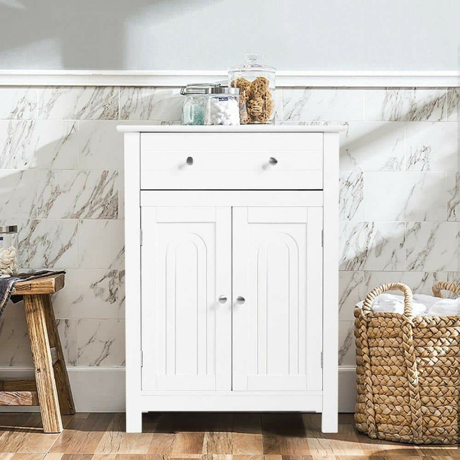 Linen Cabinets * | Gymax 23.5 In. W Bathroom Storage Linen Cabinet Free Standing Large Drawer W/Adjustable Shelf White