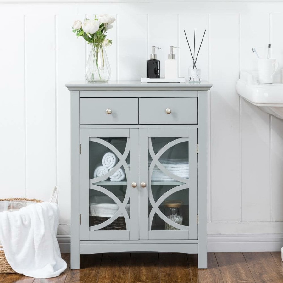 Linen Cabinets * | Glitzhome 26 In. W X 12.4 In. D X 32.11 In. H Freestanding Floor Cabinet With Double Doors And Drawer In Gray