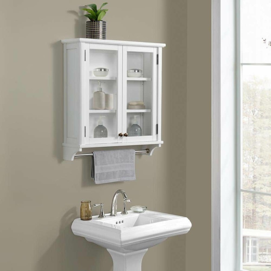 Bathroom Wall Cabinets * | Alaterre Furniture Dorset Bath 27 In. W X 28 In. D X 29 In. H White Pine Wall Mounted Bath Storage Cabinet With Mirror And Towel Rod