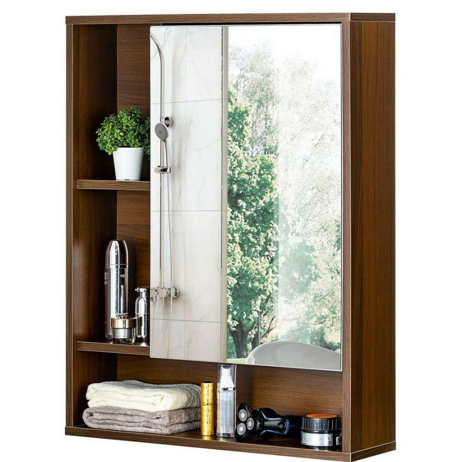 Bathroom Wall Cabinets * | Dracelo 21.6 In. W X 6.3 In. D X 24 In. H Walnut Bathroom Mirror Wall Cabinet With Single Door And Adjustable Shelf