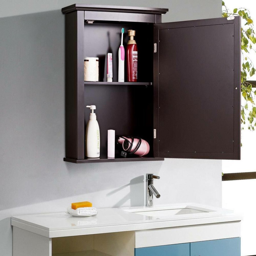 Bathroom Wall Cabinets * | Wellfor 22 In. W X 27.5 In. H X 6 In. D Bathroom Storage Wall Cabinet With 1 Glass Doors And Adjustable Shelf In Brown