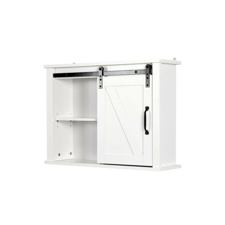 Bathroom Wall Cabinets * | Cadeninc 27.16 In. White Wall Mounted Bathroom Storage Cabinet With 2 Adjustable Shelves With A Barn Door