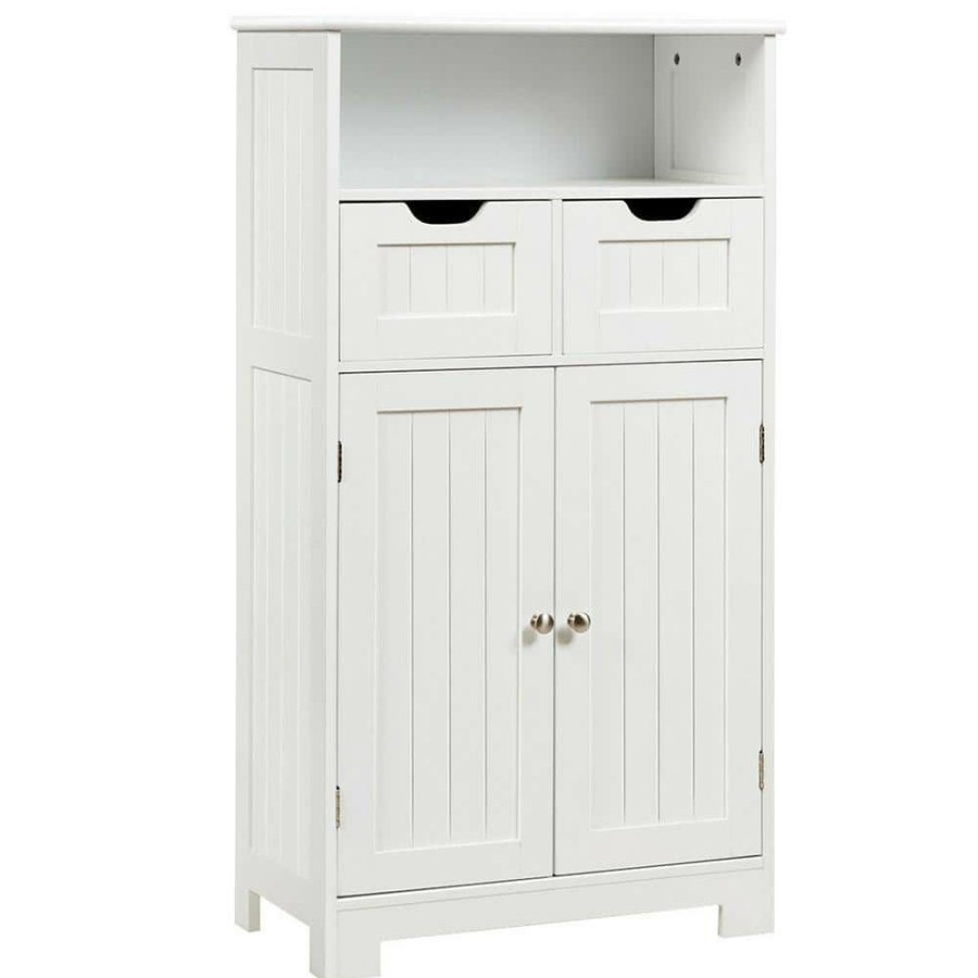 Linen Cabinets * | Gymax 24 In. W Bathroom Floor Linen Cabinet Wooden Storage Organizer Side Cabinet W/2 Drawer 2 Doors White