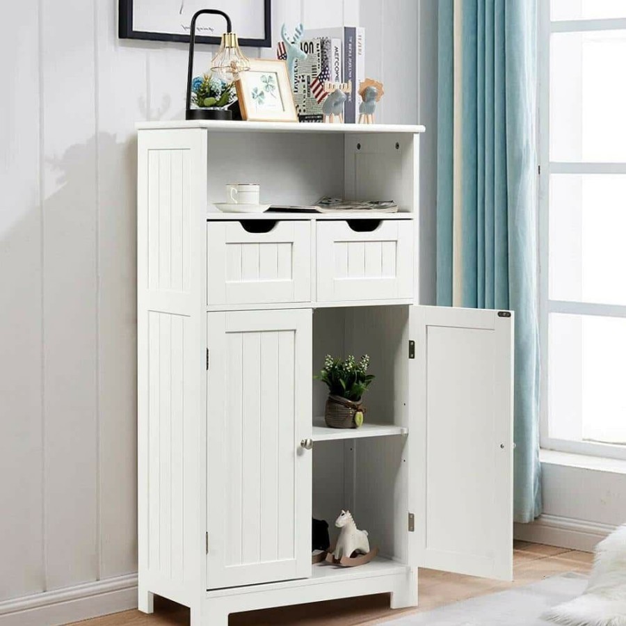 Linen Cabinets * | Gymax 24 In. W Bathroom Floor Linen Cabinet Wooden Storage Organizer Side Cabinet W/2 Drawer 2 Doors White