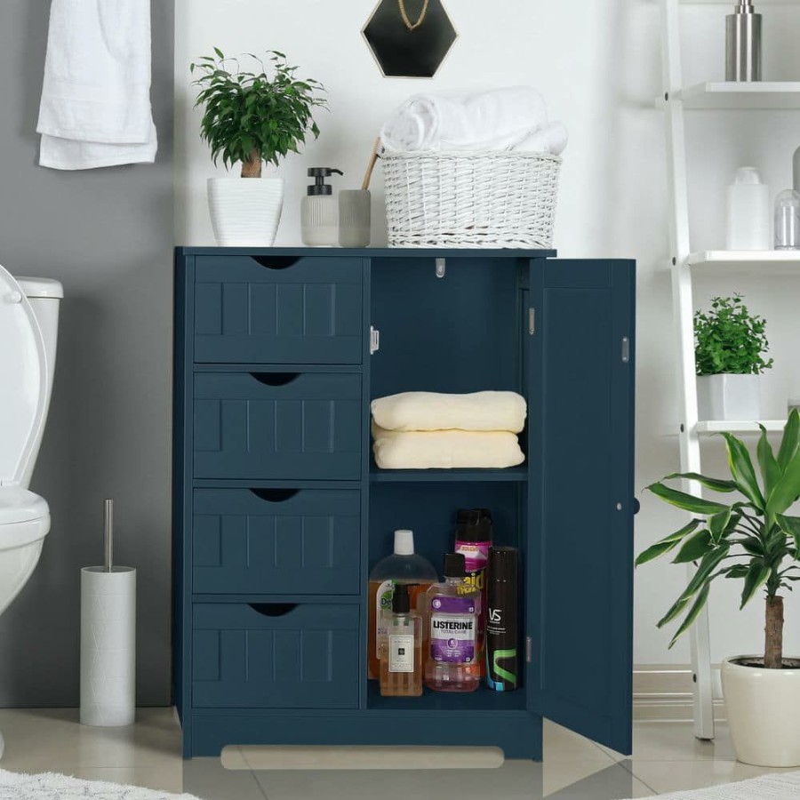 Linen Cabinets * | Veikous 12 In. W X 36 In. L X 36 In. H Dark Teal Kitchen Cabinet Storage Sideboard With Glass Door And 4-Drawers